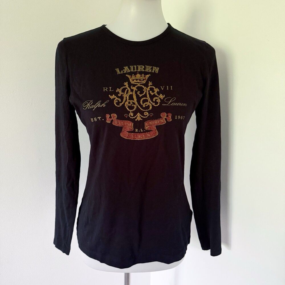 Women's Lauren Ralph Lauren RL Crest Logo Monogram Tee Shirt Black Size M Medium - Picture 2 of 14